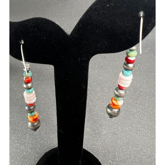 Hand Strung 925 Silver Turquoise Pink Conch Navajo Pearls Coral Spiny Earrings - Picture 3 of 6